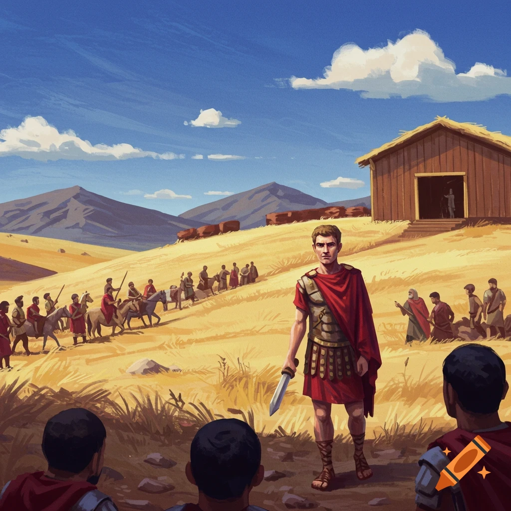 Roman general Cincinnatus with a sword, facing soldiers. People on horseback approach a barn in a field.