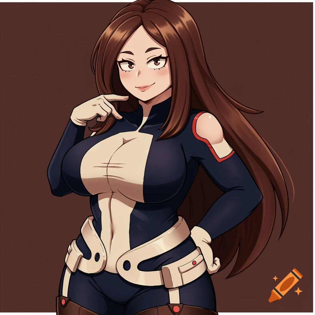 Anime illustration of a character from My Hero Academia with long brown hair and a hero costume.
