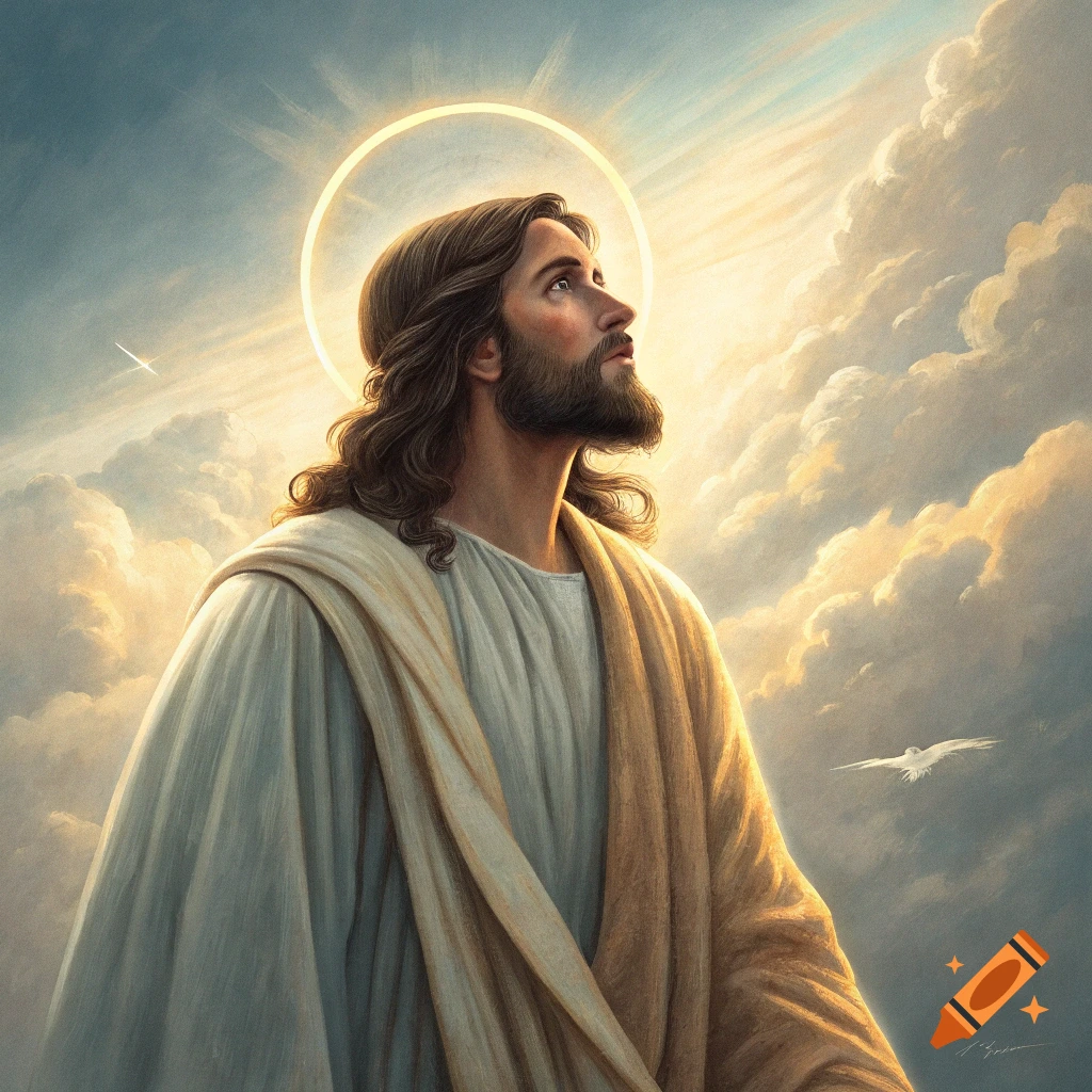 Jesus Christ looking up at the sky with a halo amidst clouds and sunlight, realistic art style.