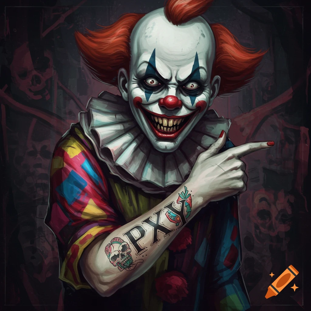 A creepy clown with a tattoo pointing forward.