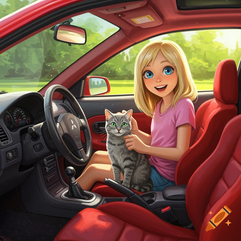 A young girl petting a cat inside a red car.