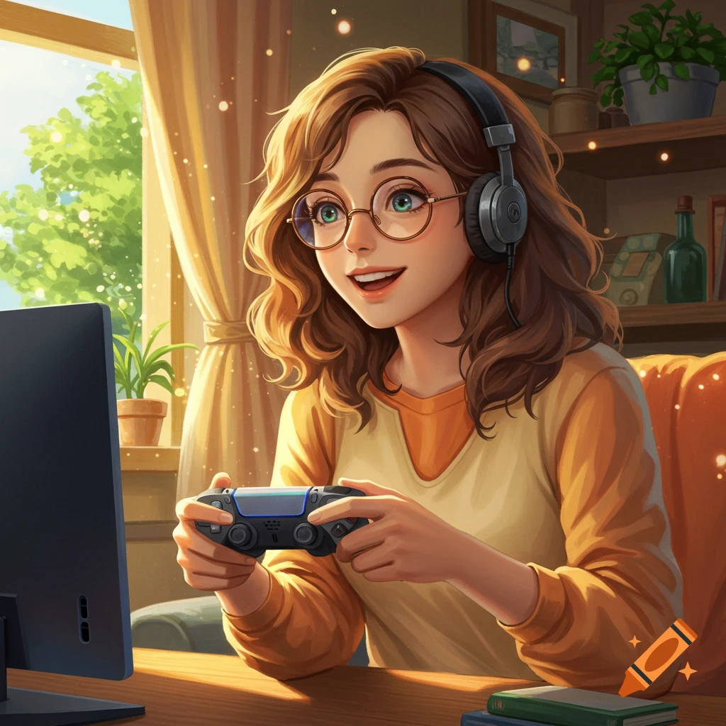 Anime-style portrait of a young woman with headphones and glasses playing a video game indoors.