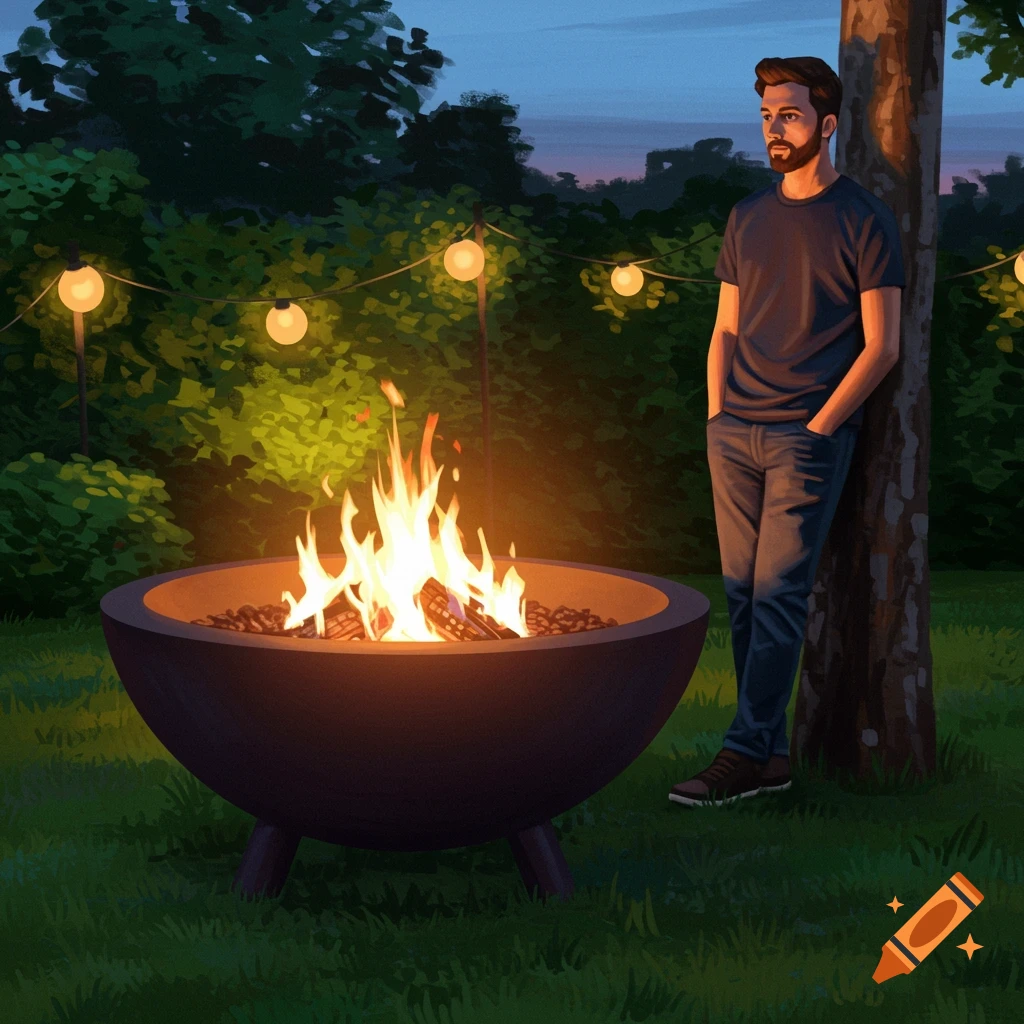 A man stands next to a fire pit in a garden at dusk.