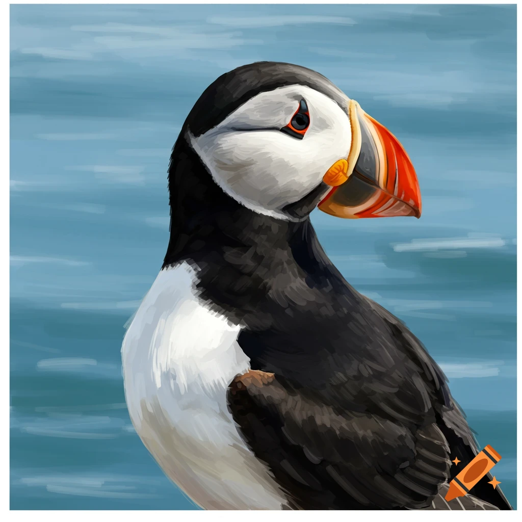 A puffin against a blue background.