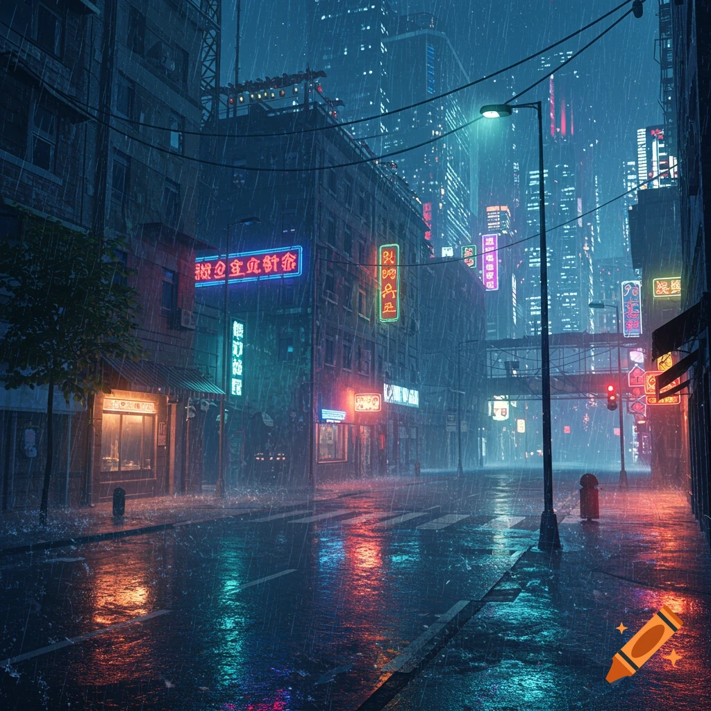 Rainy city street at night with neon signs reflected on wet pavement.