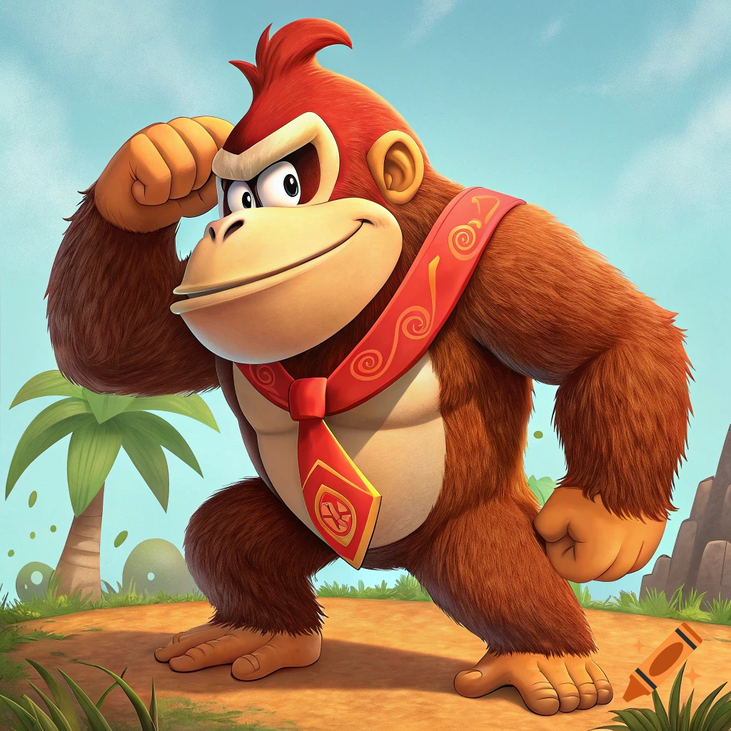 Donkey Kong in an illustrative style, wearing his tie and striking a pose outdoors.