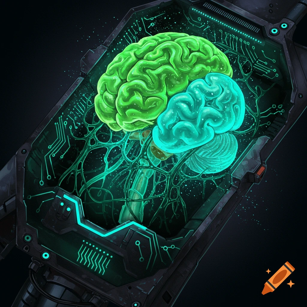 A glowing green and blue brain is enclosed in a futuristic mechanical device adorned with circuitry.