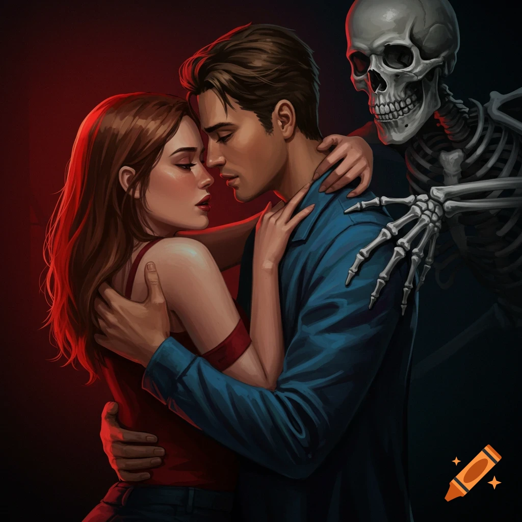 A couple embracing while a skeleton figure stands behind them.
