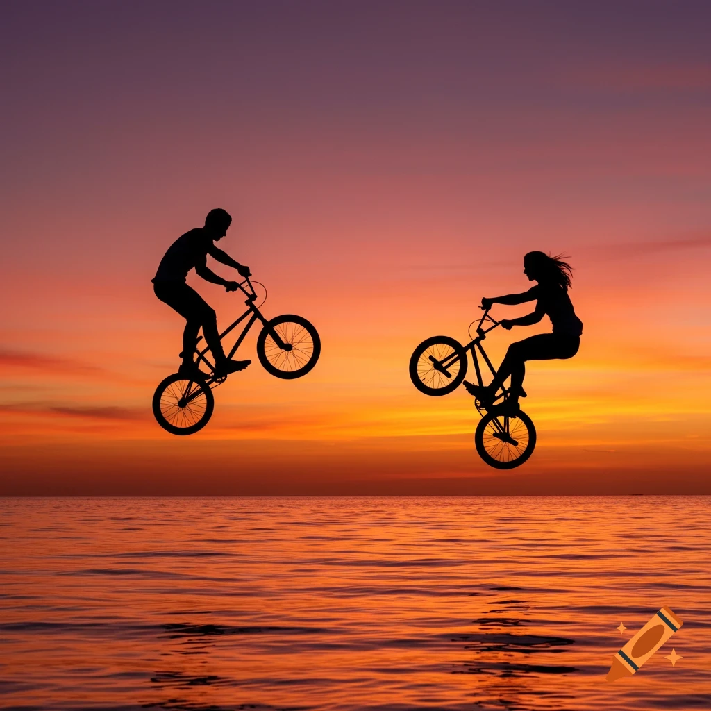 Silhouettes of two BMX riders jumping over the ocean at sunset.
