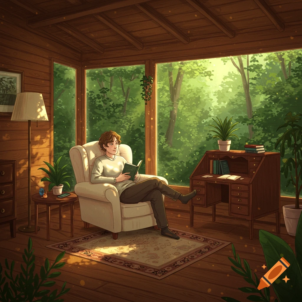 Person reading a book in a cozy room with large windows overlooking a forest.