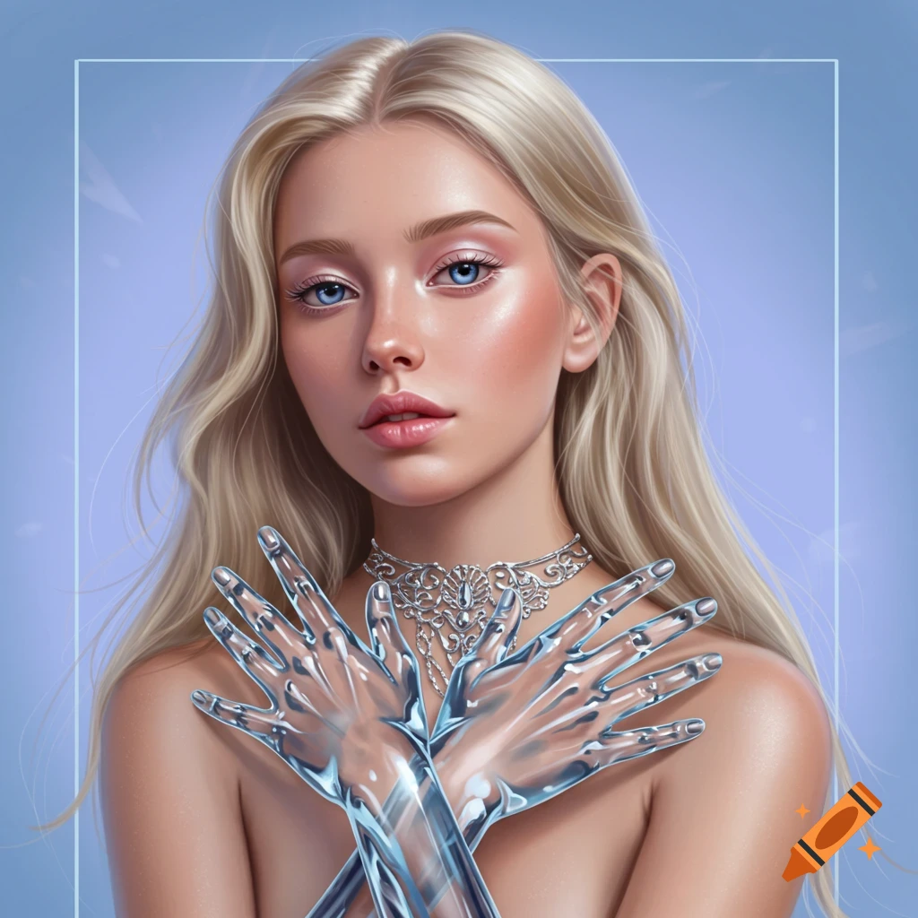 A portrait of a blonde girl with blue eyes and translucent glass hands.