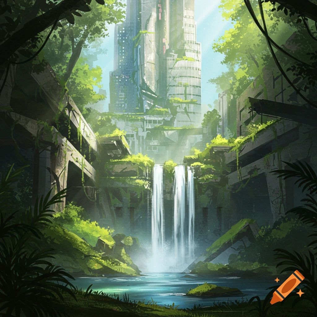 Ancient modern city ruins with a waterfall in a jungle clearing.