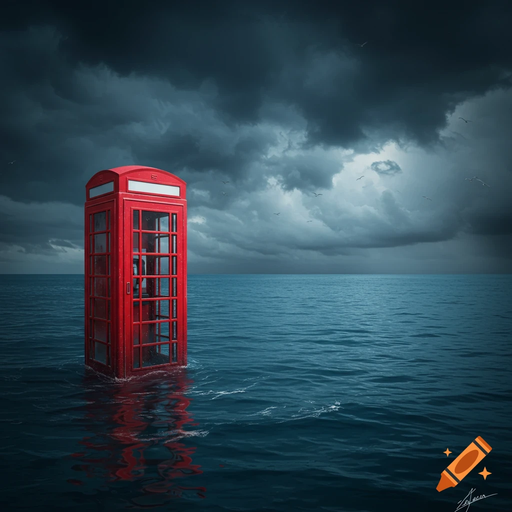 A red telephone booth stands submerged in the ocean under dark storm clouds.