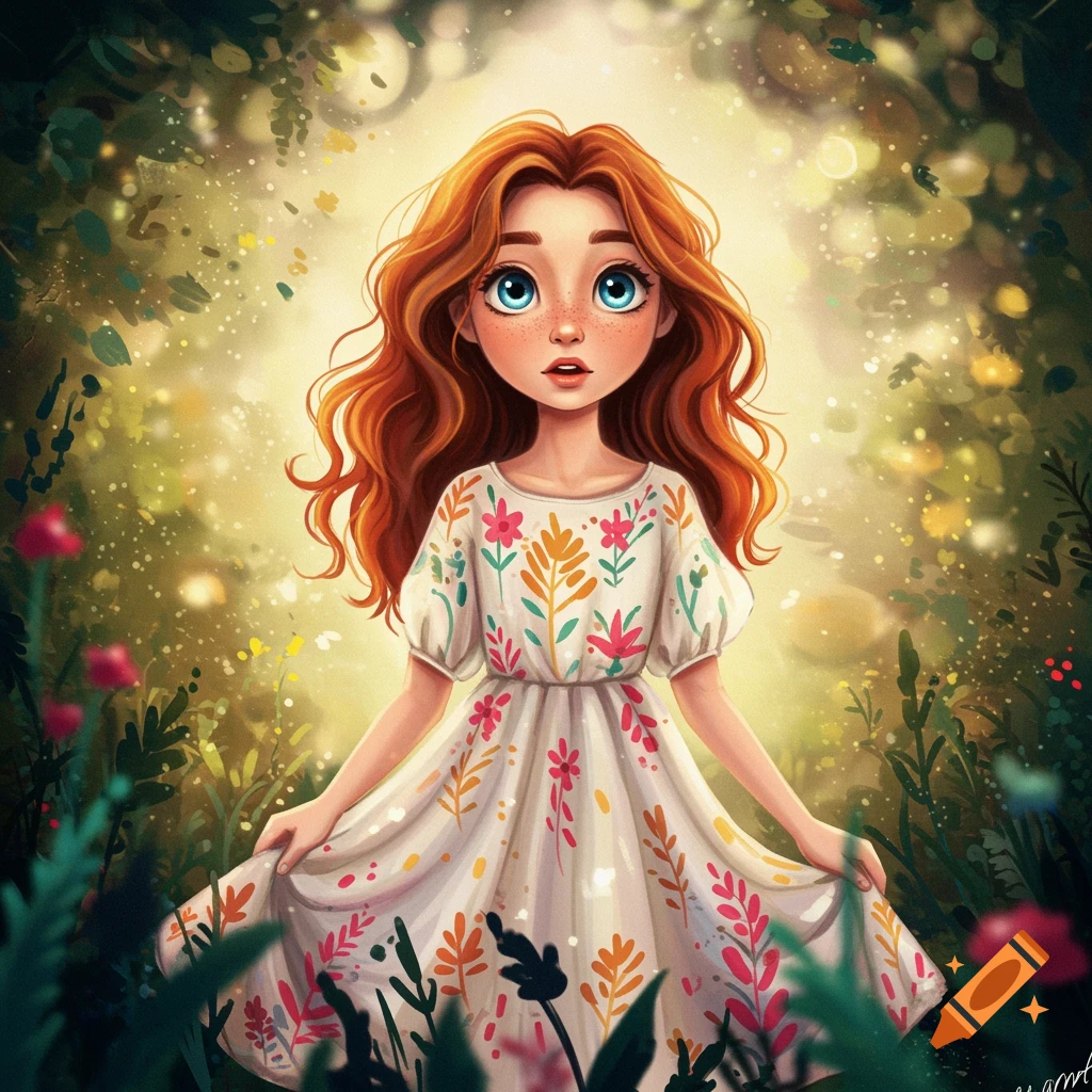 Whimsical portrait of a girl with red hair in a floral dress in a magical forest.