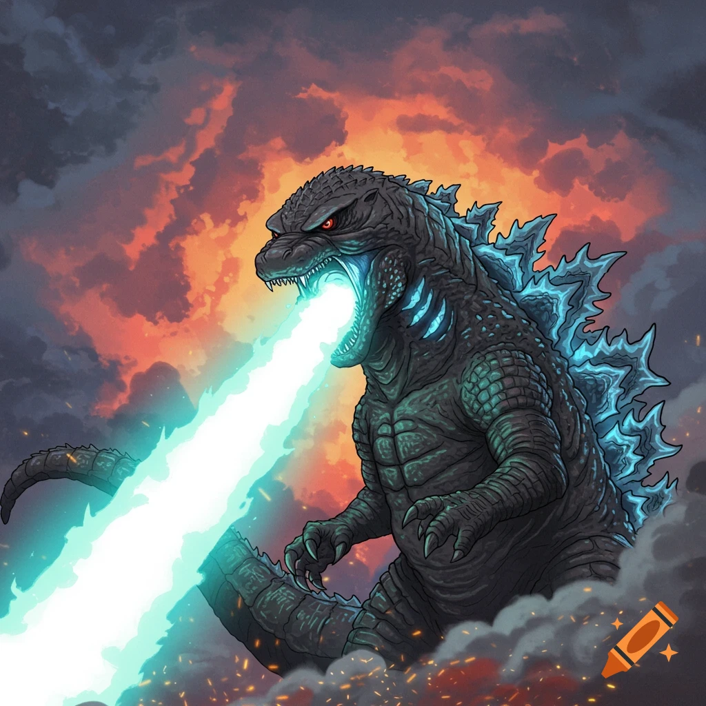Illustration of Godzilla firing his blue atomic breath amidst smoke and debris.