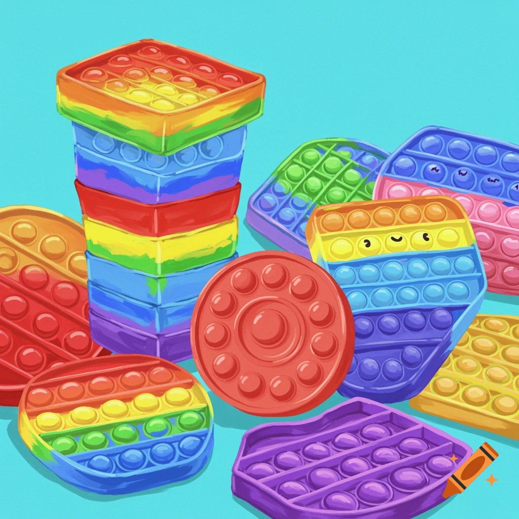 Colorful Pop It fidget toys in various shapes and colors.