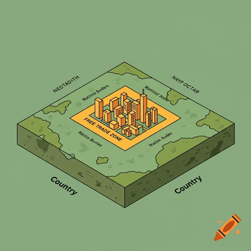 Isometric illustration of a city inside a country labeled 'Free Trade Zone' and other areas.