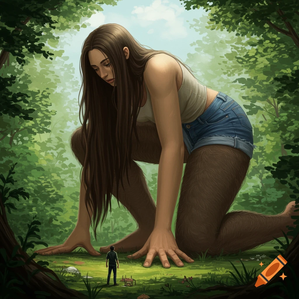 A colossal giantess with hairy legs crouches in a forest near a tiny man. Fantasy art style.