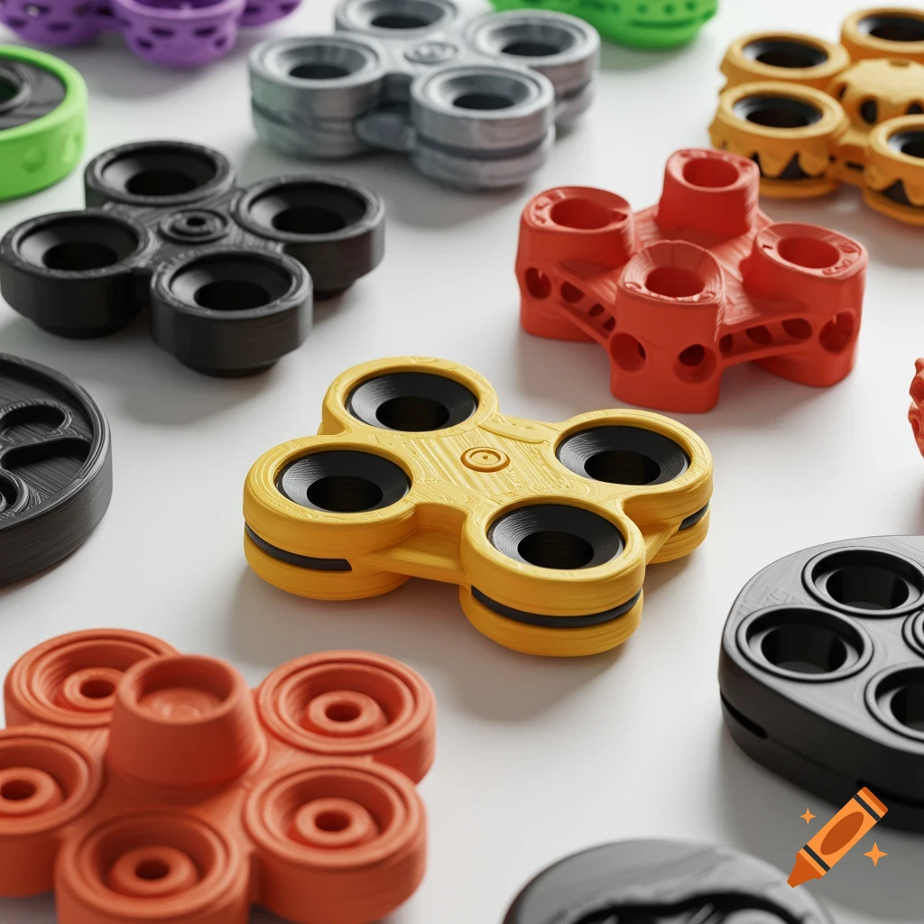 Close-up of various colorful 3D printed fidget spinners and parts arranged on a surface.