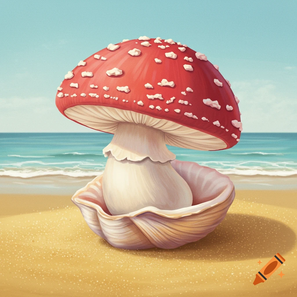 A red and white spotted mushroom sits in a seashell on a beach.