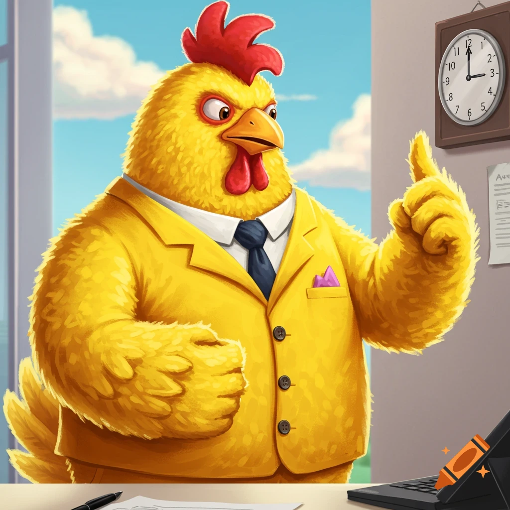 Cartoon chicken in a yellow suit points beside a clock in an office.