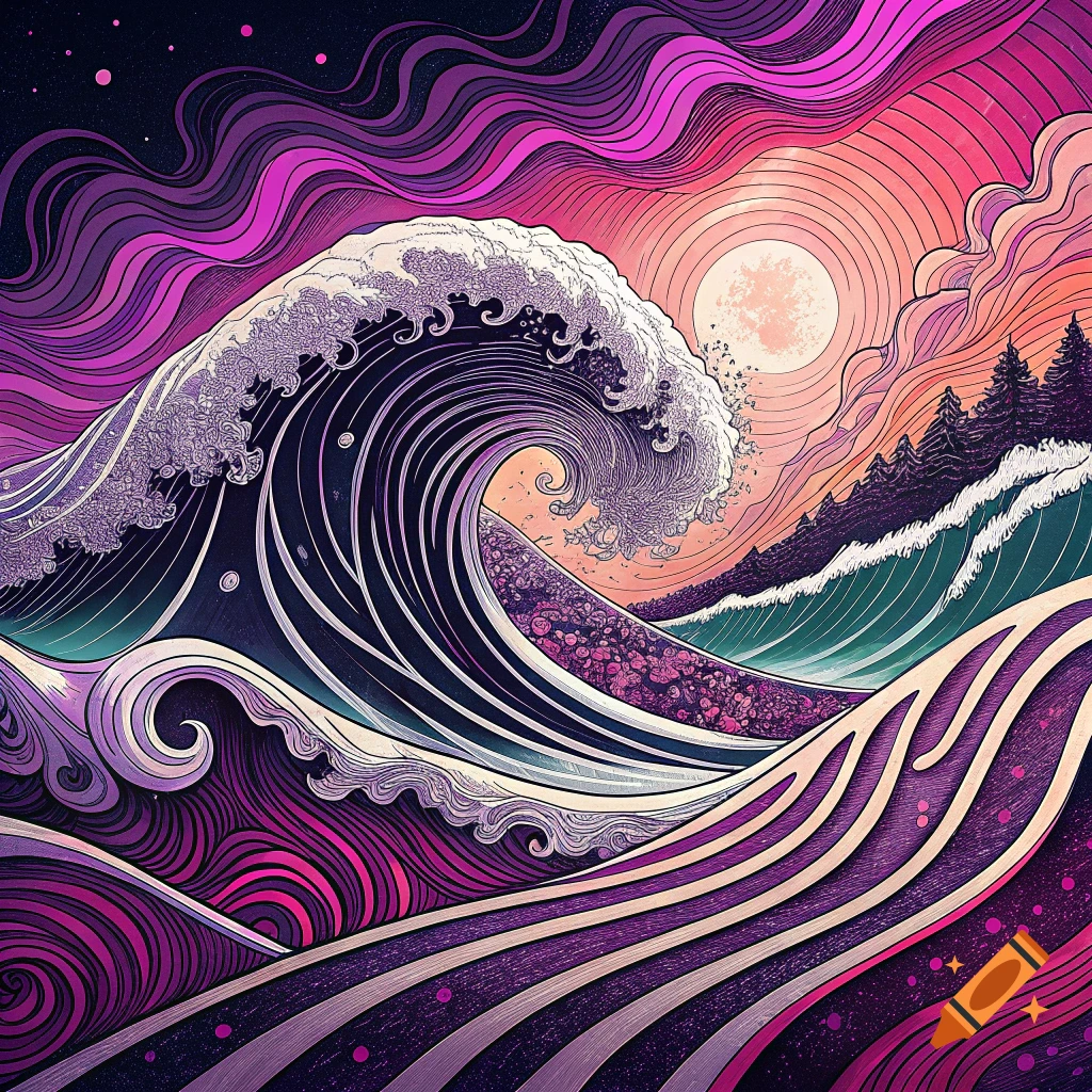 Stylized psychedelic illustration of a large purple wave crashing against a landscape with sun and trees.
