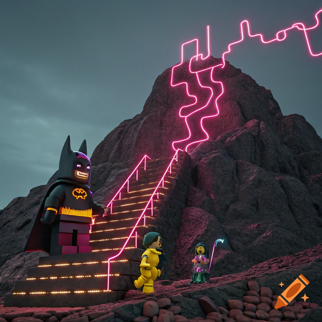 LEGO Batman and other figures on a mountain with neon pink lines and stairs, digital art.