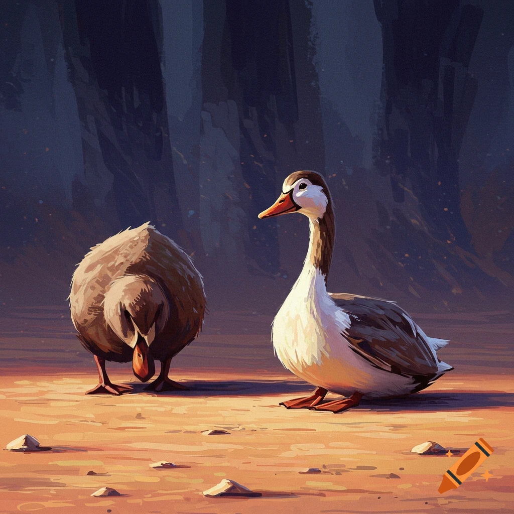 A stylized painting of two geese in a landscape.
