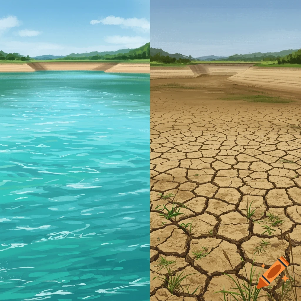 Split image of a full turquoise reservoir on the left and dry cracked earth on the right.