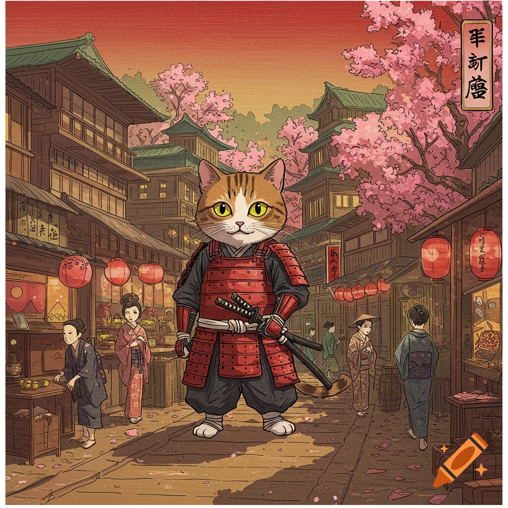 Cat samurai stands in a Japanese village street with cherry blossoms.