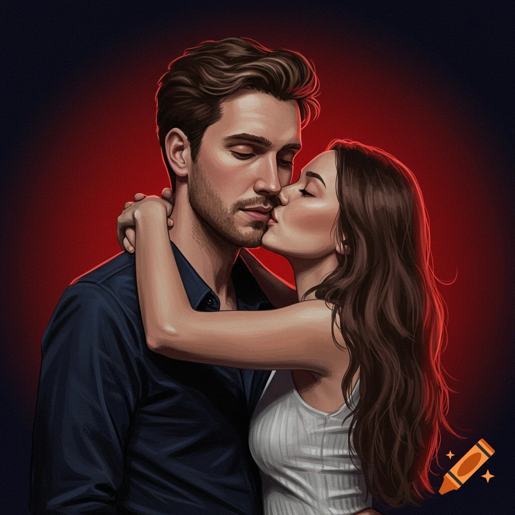 A man and woman kissing.