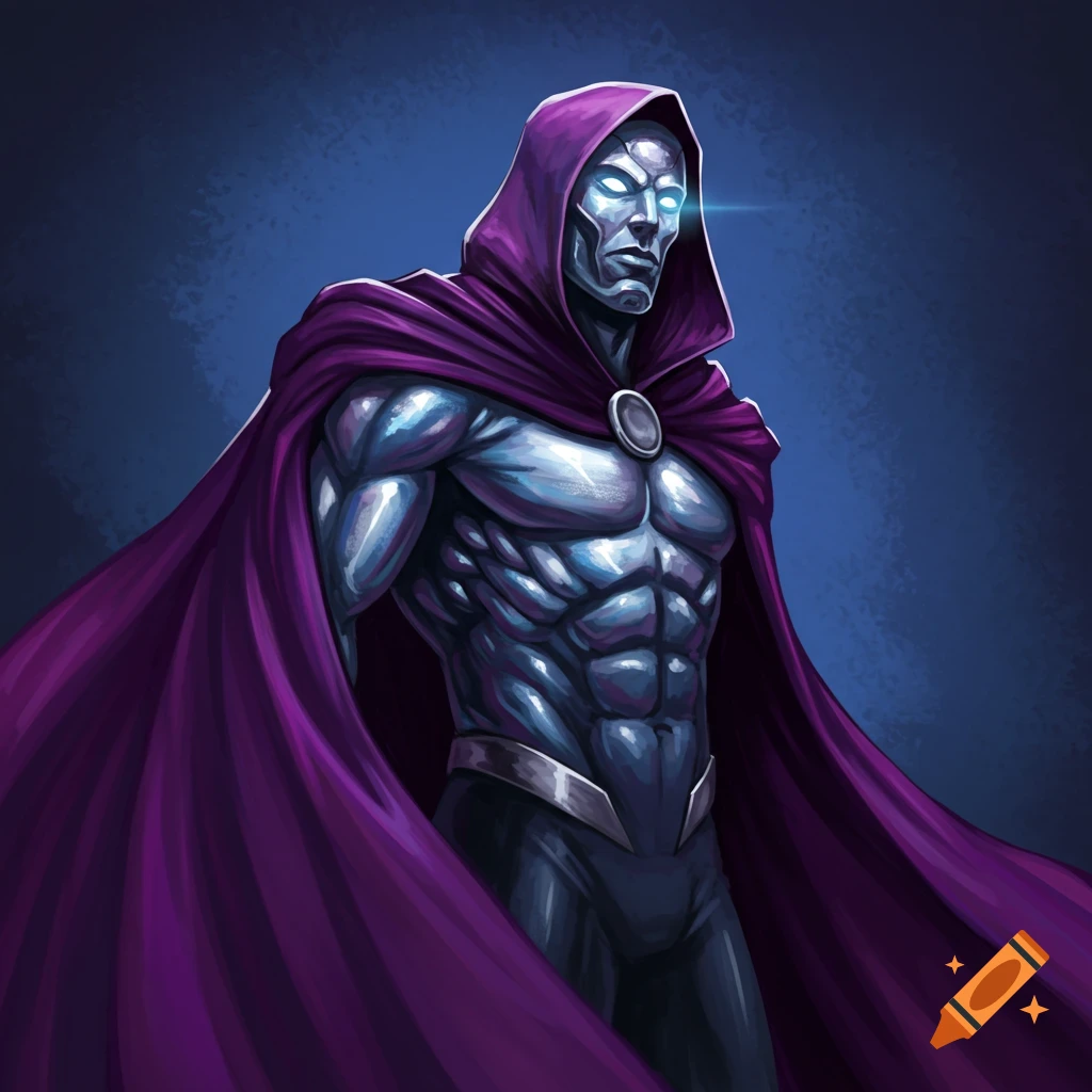 A superhero with metallic skin and a purple cloak stands in profile, looking forward.