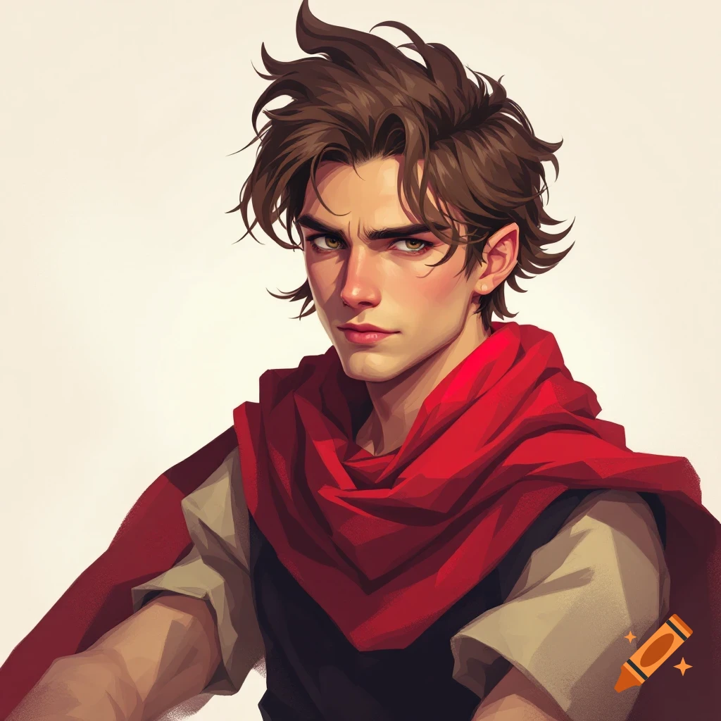 Portrait of a young man with messy brown hair and a red scarf.