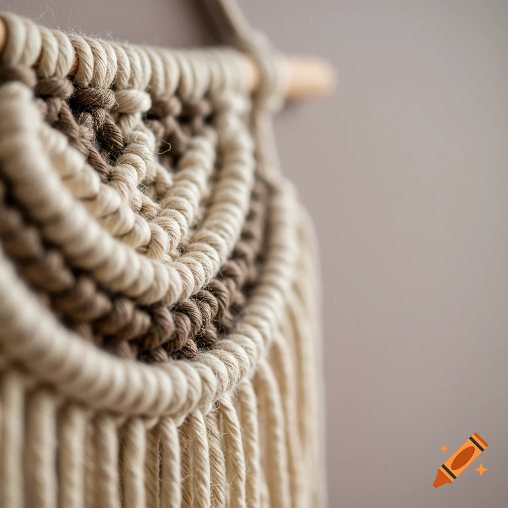 A close-up of a macrame wall hanging made of beige and brown cords, showing detailed weaving.