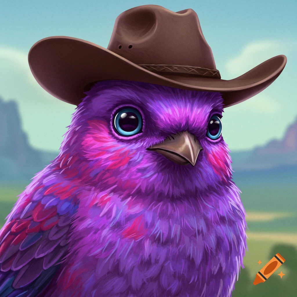 A purple bird with blue eyes wearing a brown cowboy hat.