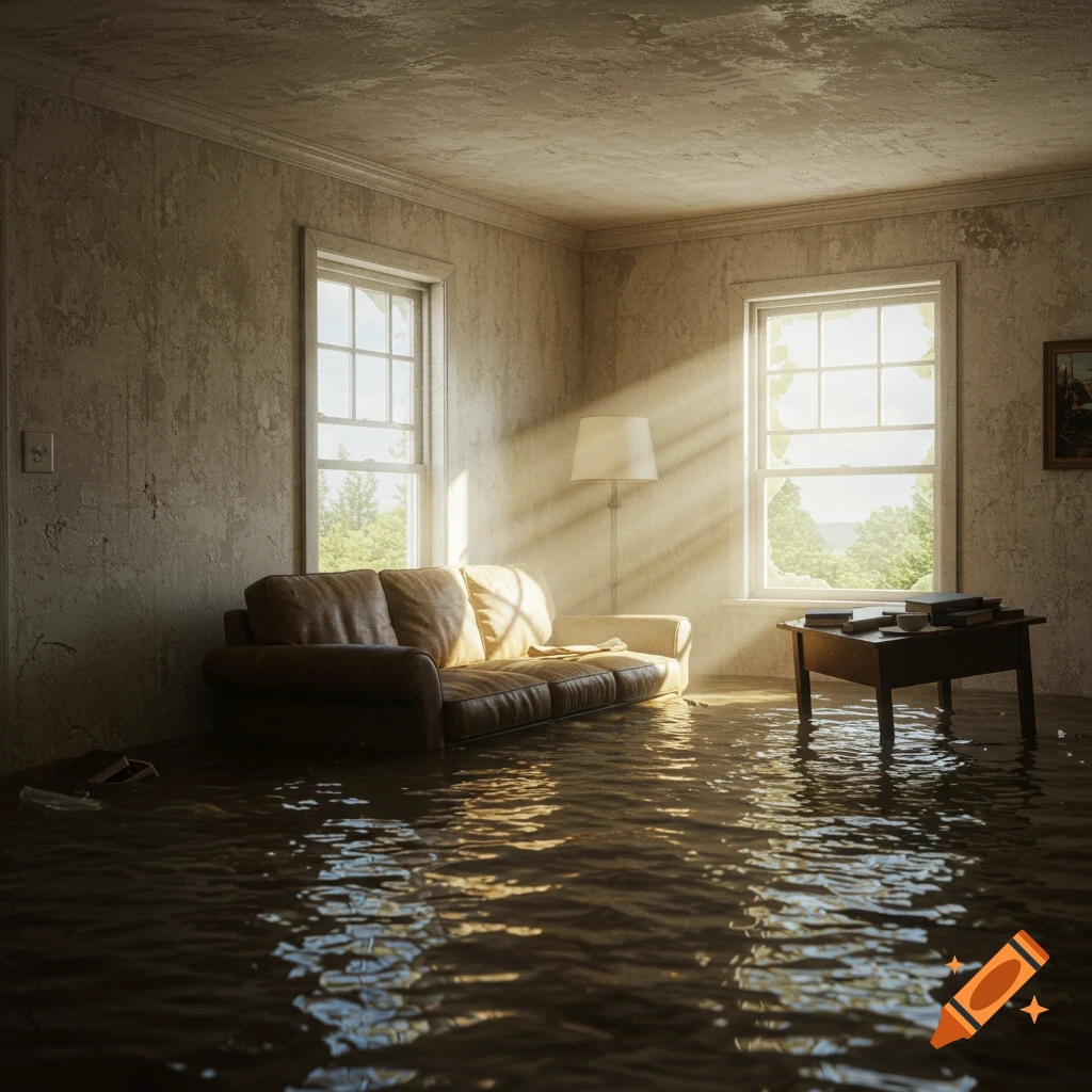 Photorealistic image of a living room flooded with water, with sunlight streaming through windows