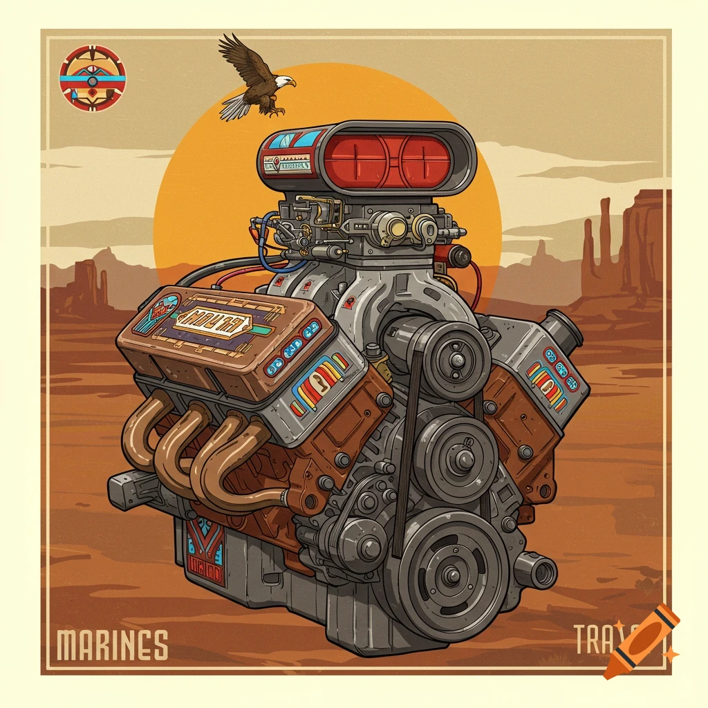 A detailed engine is situated in a desert landscape, accompanied by an eagle and elements of Native American art.