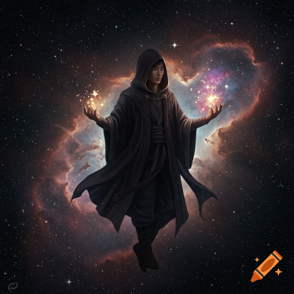 A hooded mage floats in space, holding glowing stars in their hands with a nebula behind them.