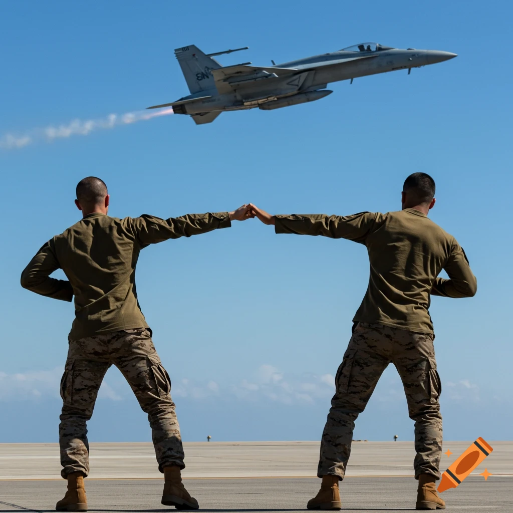 Two military personnel stand on a runway, holding hands, while a fighter jet flies overhead.