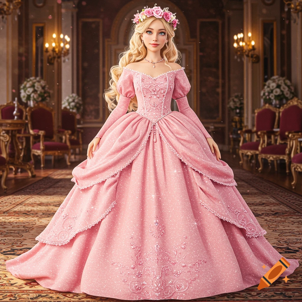 Blonde woman in a sparkling pink princess dress stands in a grand ballroom.