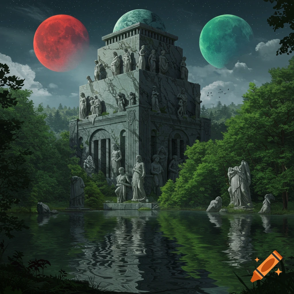 An ancient stone mausoleum covered in statues, next to a lake in a forest under red and green moons.