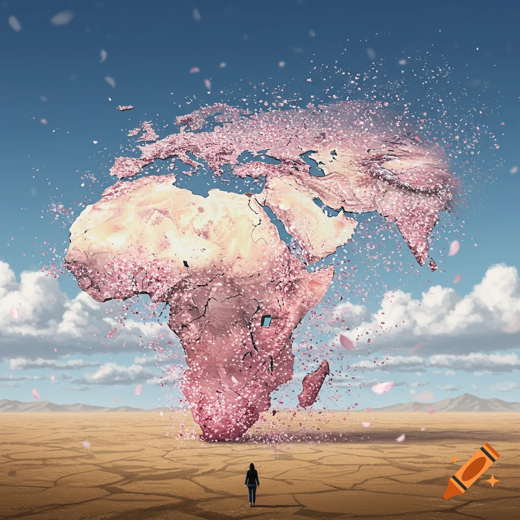 A large landmass resembling Africa and parts of Asia is cracking and dissolving into pink petals above a dry, cracked landscape where a person walks.