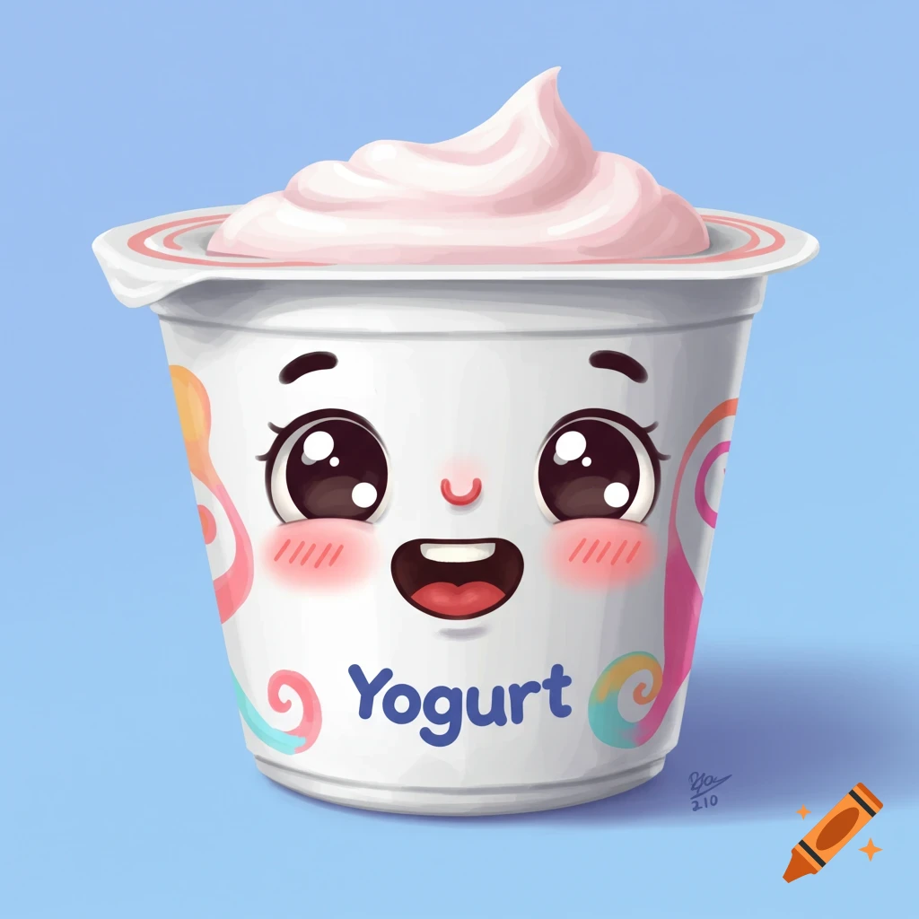 Cute cartoon illustration of a yogurt cup with a face and pink topping.