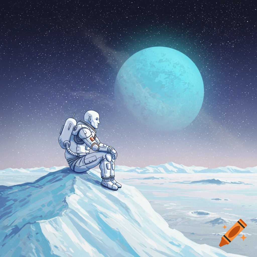 Astronaut sits on a snowy peak looking at a large blue planet in a starry space landscape.
