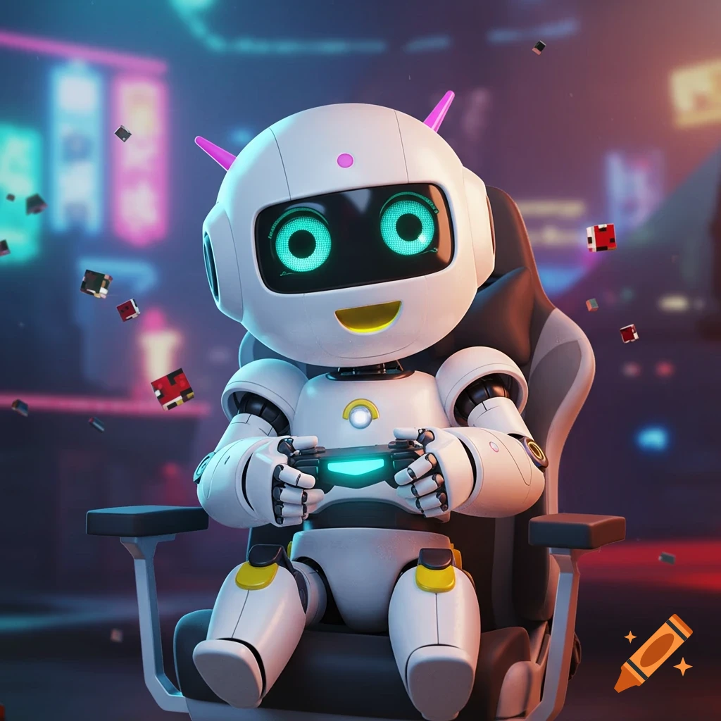 A cute 3D robot sits in a gaming chair playing a video game.