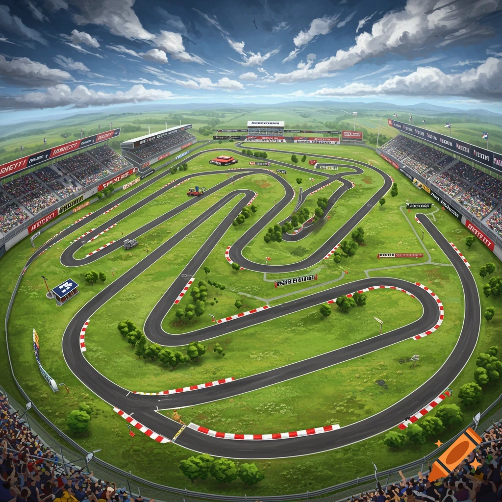 Aerial view of a race track with winding curves, grandstands, and spectators.