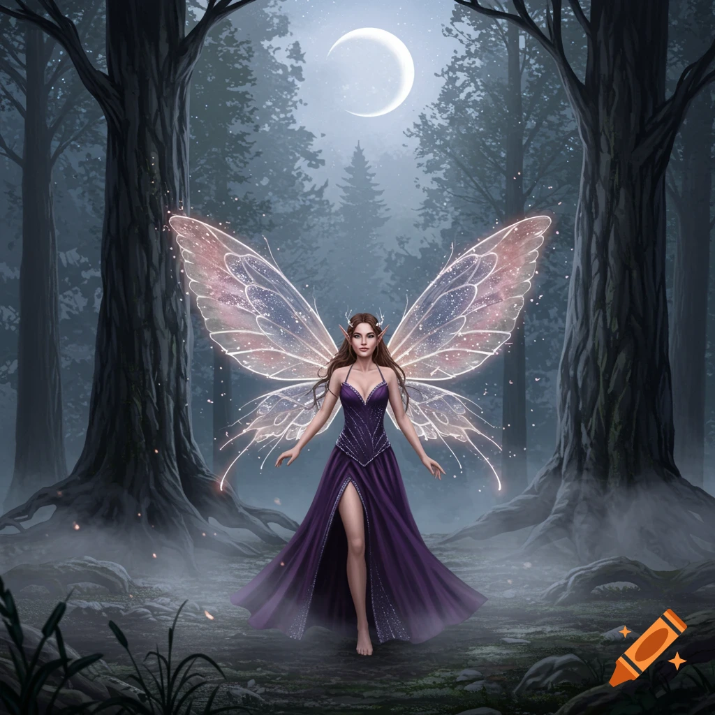 A fairy with glowing wings stands in a moonlit forest.