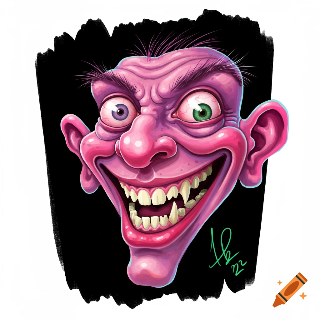 A grotesque pinkish face with wide eyes and sharp teeth.