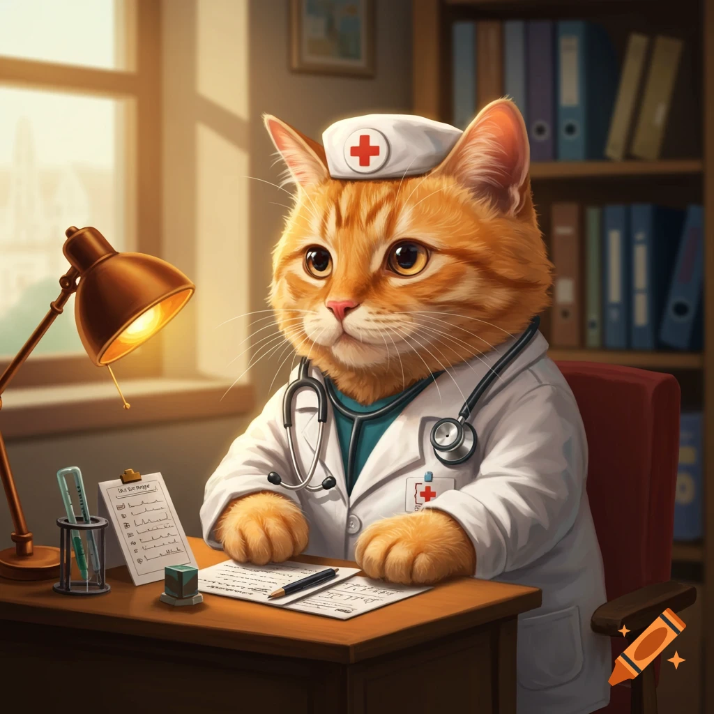 An orange tabby cat sits at a desk wearing a doctor's coat, stethoscope, and nurse cap.