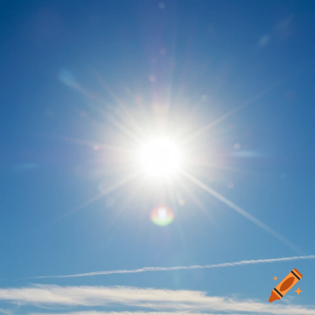 Bright sun in a clear blue sky with clouds and lens flare.